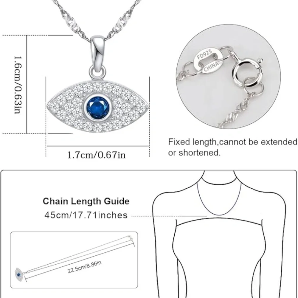 S925 Stering Silver Cross Necklace for Women Cubic Zirconia Evil Eye Pendant - Picture 3 of 3